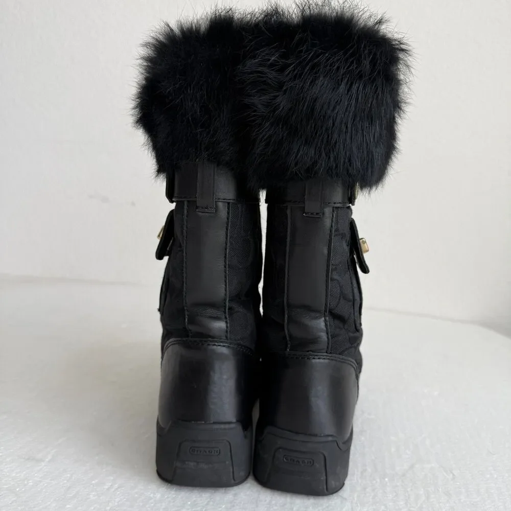 Coach Kimberly Fur Boots Women's 9M Black Leather Fabric Logo Pocket Side Zipper - Picture 6 of 16